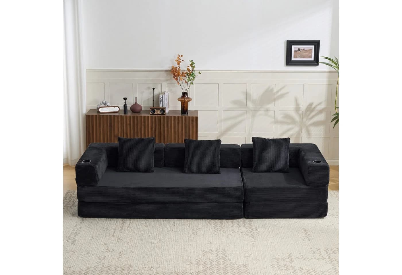 Vankel 3-Sitzer Schlafsofa Schwarz Cord mit Cupholder