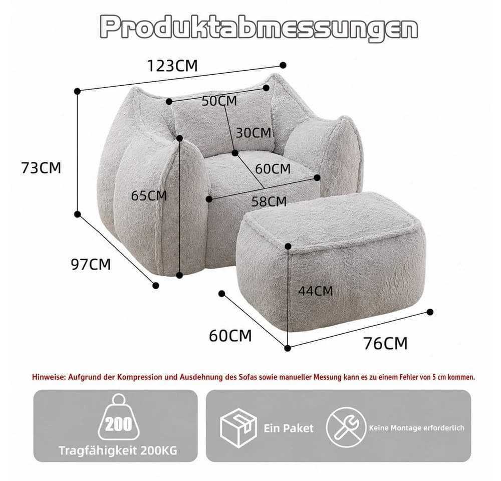 Leawin Relaxliege Loungesessel mit Hocker Grau Kunstfell Bean Bag