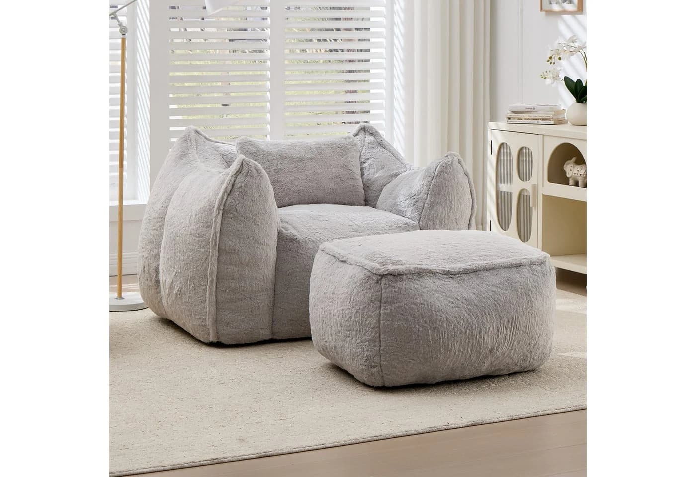 Leawin Relaxliege Loungesessel mit Hocker Grau Kunstfell Bean Bag - Bild 2