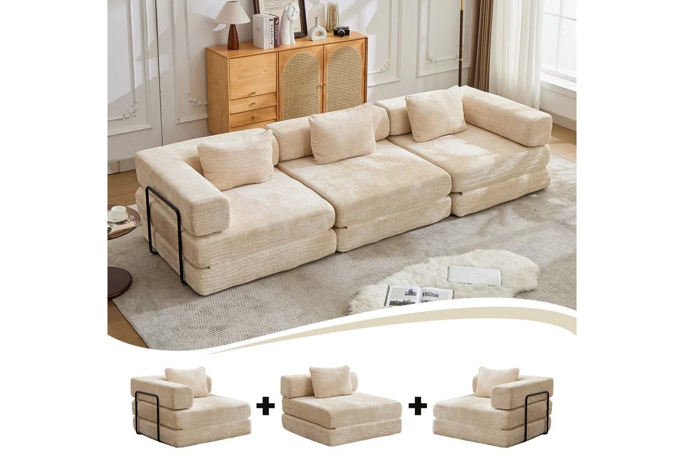 Leawin 3-Sitzer Schlafsofa Chenille Beige Modular