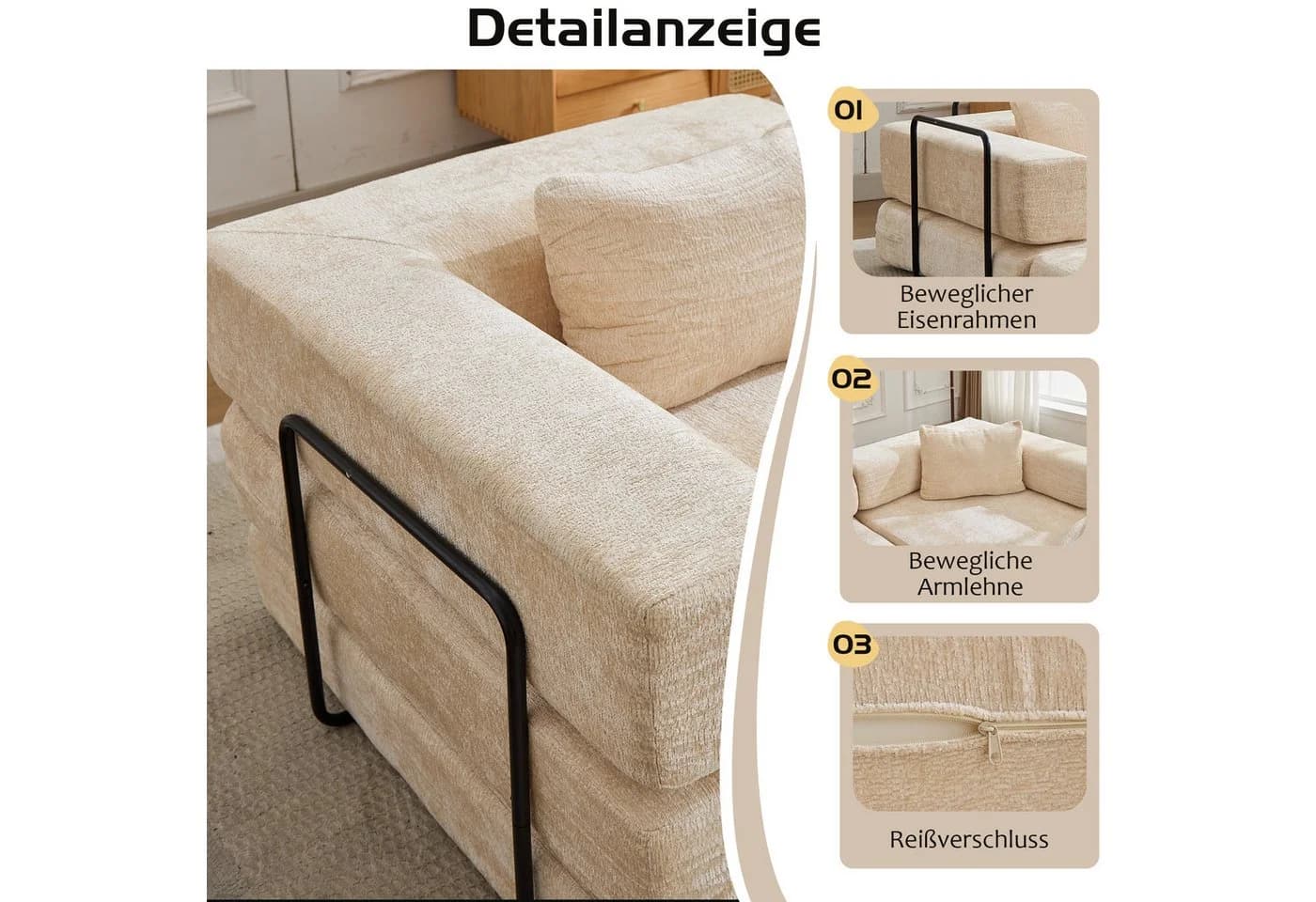 Leawin 3-Sitzer Schlafsofa Chenille Beige Modular - Bild 4