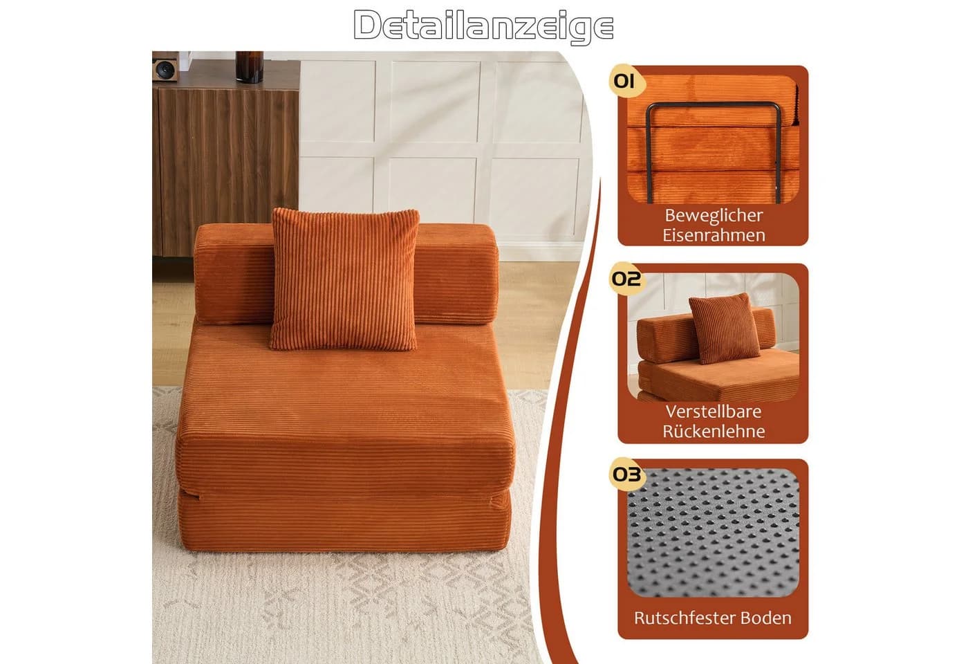 Leawin Schlafsessel 1-Sitzer mit Schlaffunktion Orange Cord - Bild 5
