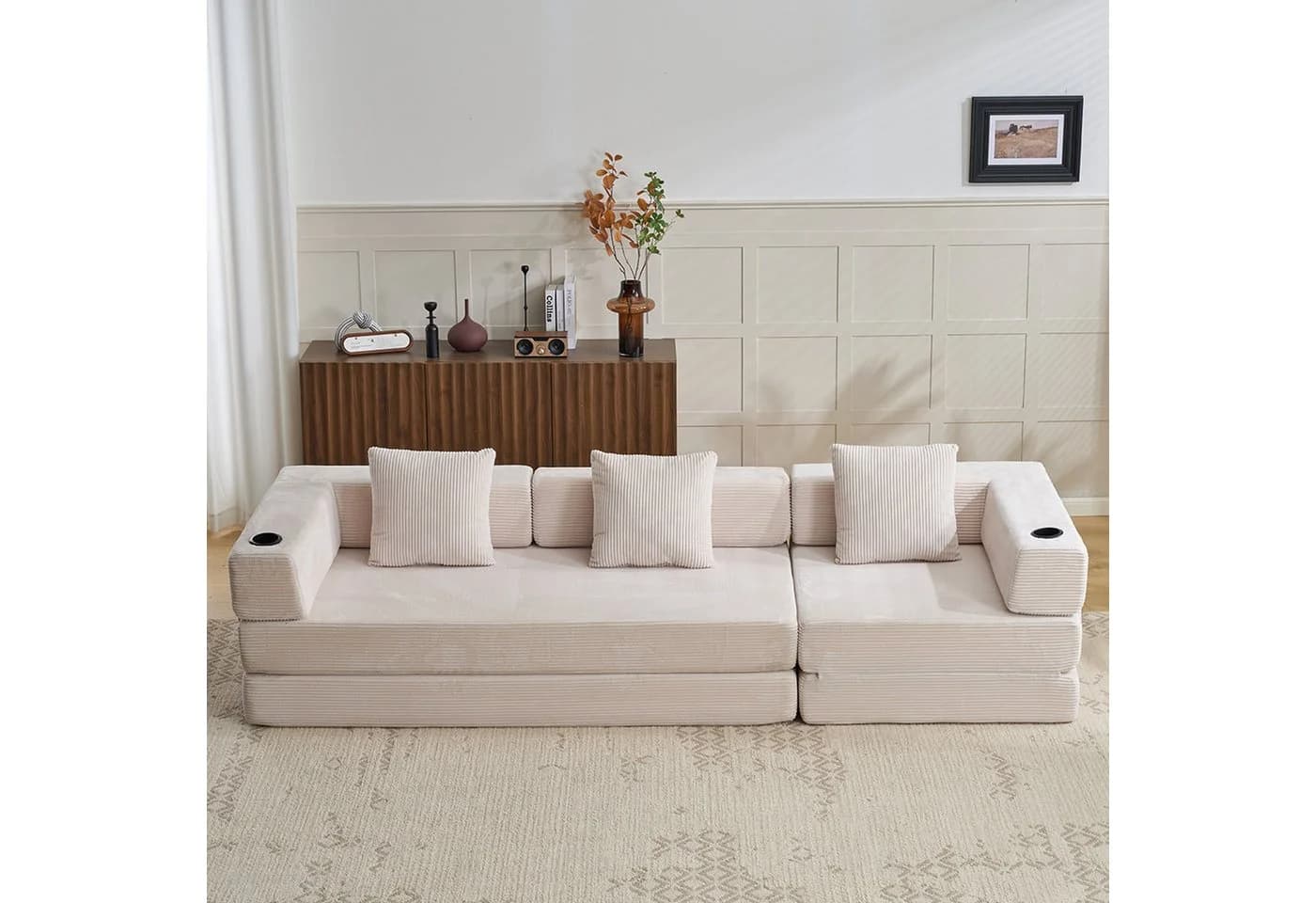 Vankel 3-Sitzer Schlafsofa Cord Weiß mit Cupholder