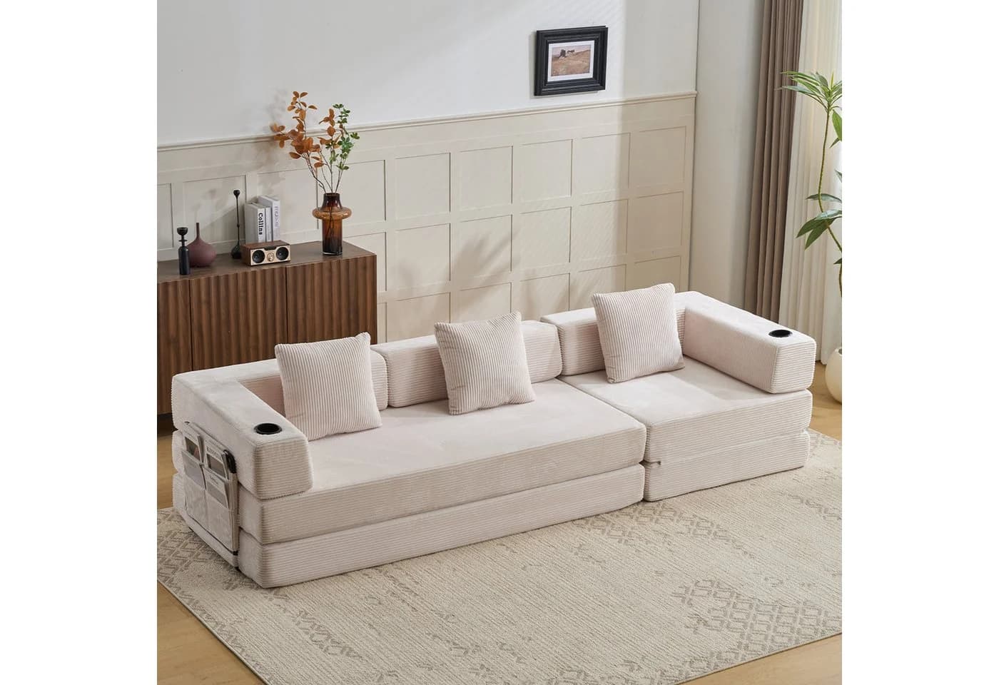 Vankel 3-Sitzer Schlafsofa Cord Weiß mit Cupholder - Bild 2