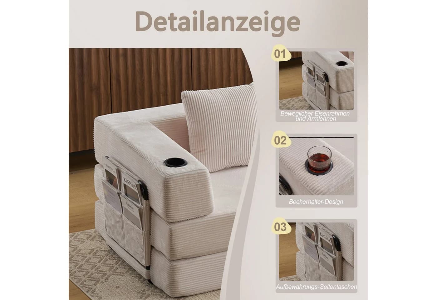 Vankel 3-Sitzer Schlafsofa Cord Weiß mit Cupholder - Bild 4