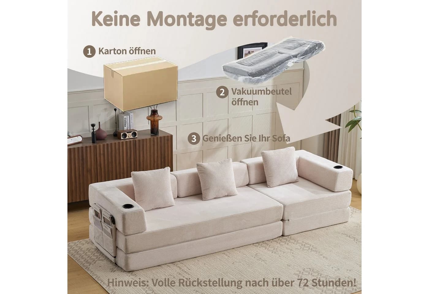 Vankel 3-Sitzer Schlafsofa Cord Weiß mit Cupholder - Bild 5