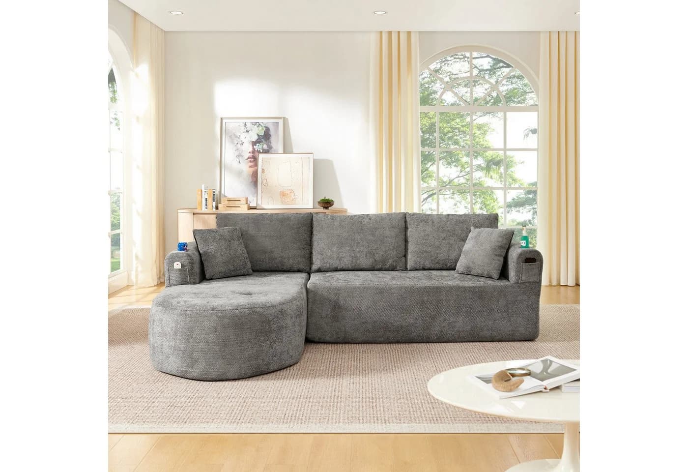 ANYSUN Ecksofa L-förmig Grau mit Becherhalter & Leinenbezug