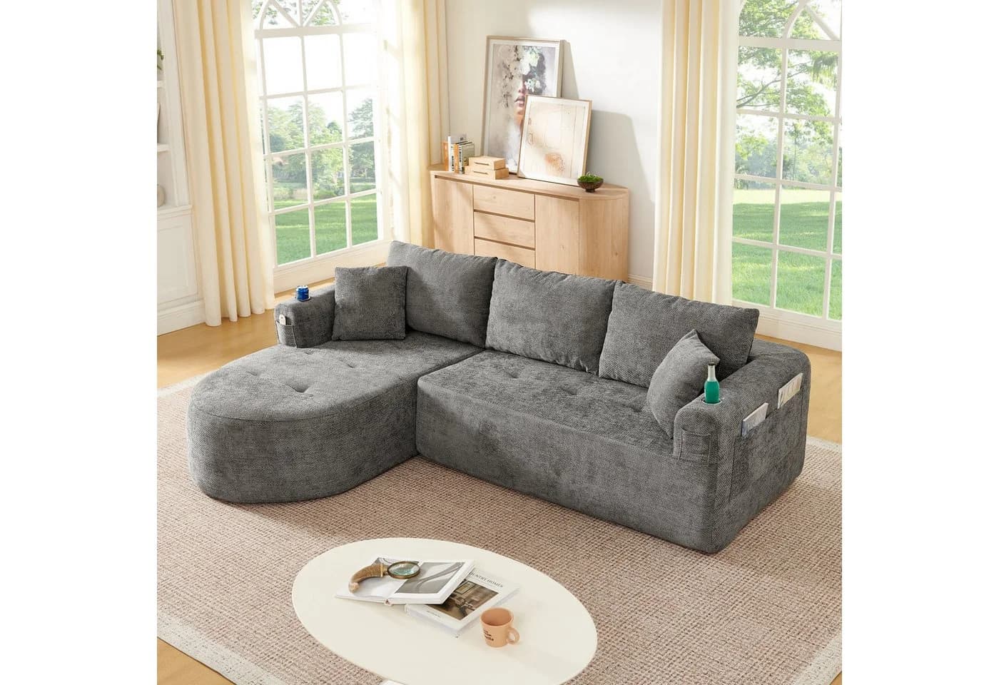 ANYSUN Ecksofa L-förmig Grau mit Becherhalter & Leinenbezug - Bild 2