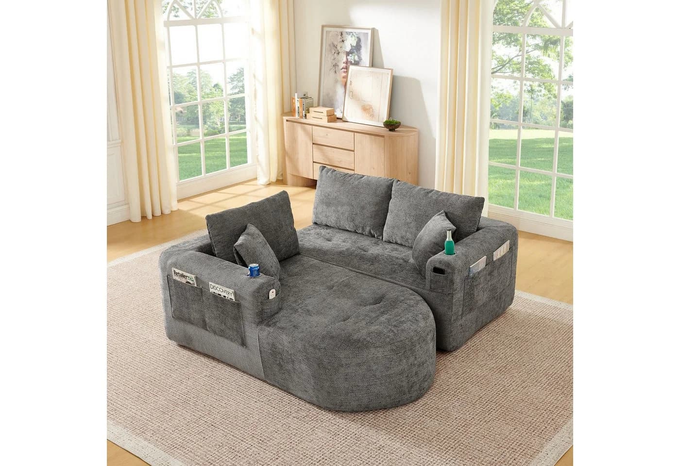 ANYSUN Ecksofa L-förmig Grau mit Becherhalter & Leinenbezug - Bild 3