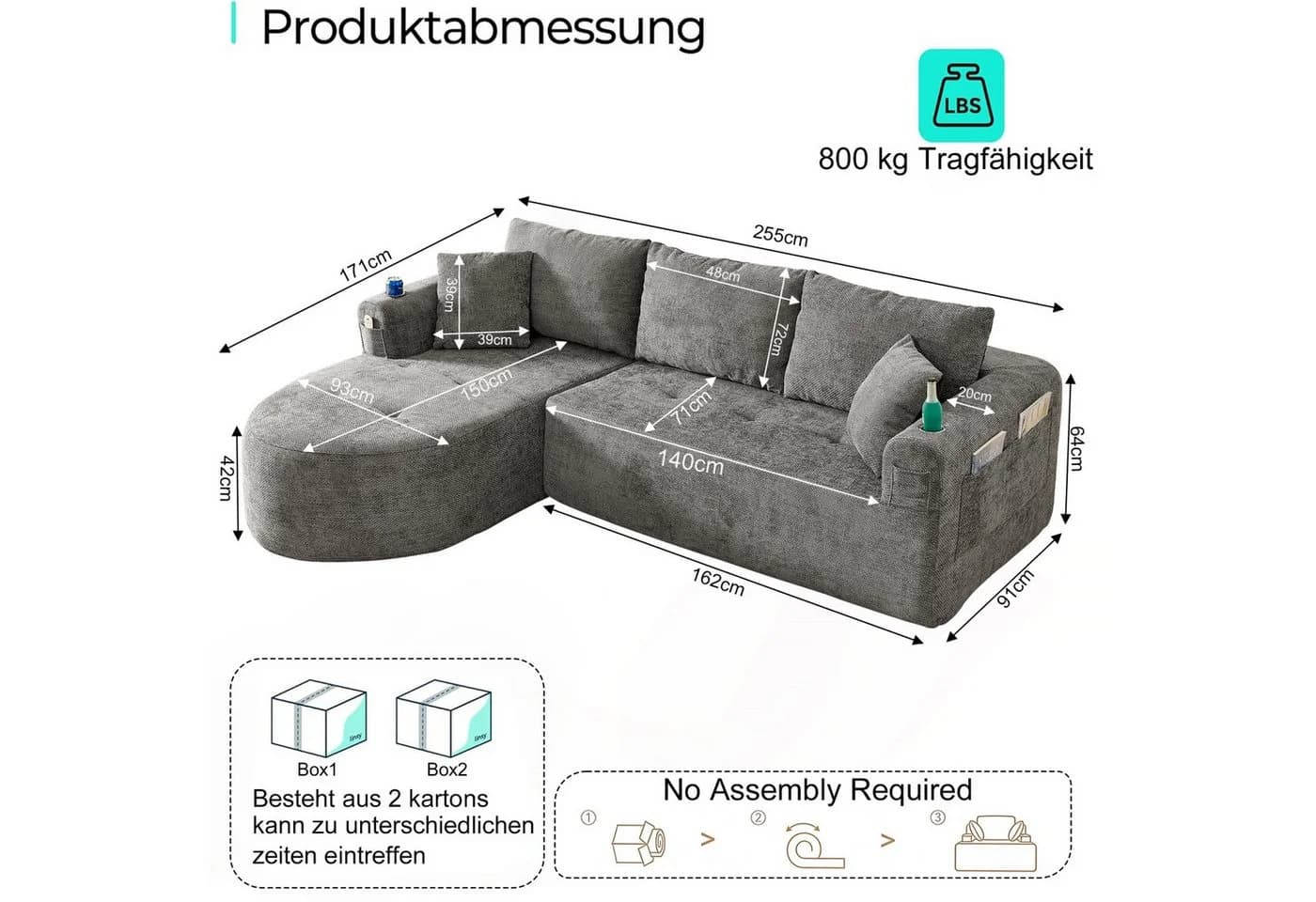 ANYSUN Ecksofa L-förmig Grau mit Becherhalter & Leinenbezug - Bild 4