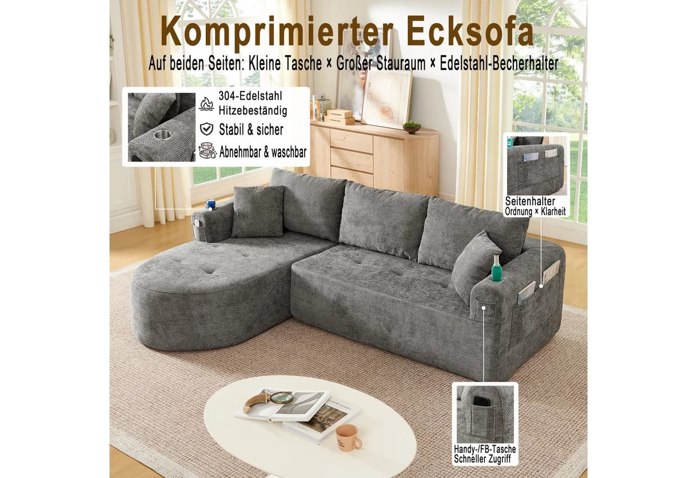 ANYSUN Ecksofa L-förmig Grau mit Becherhalter & Leinenbezug - Bild 5