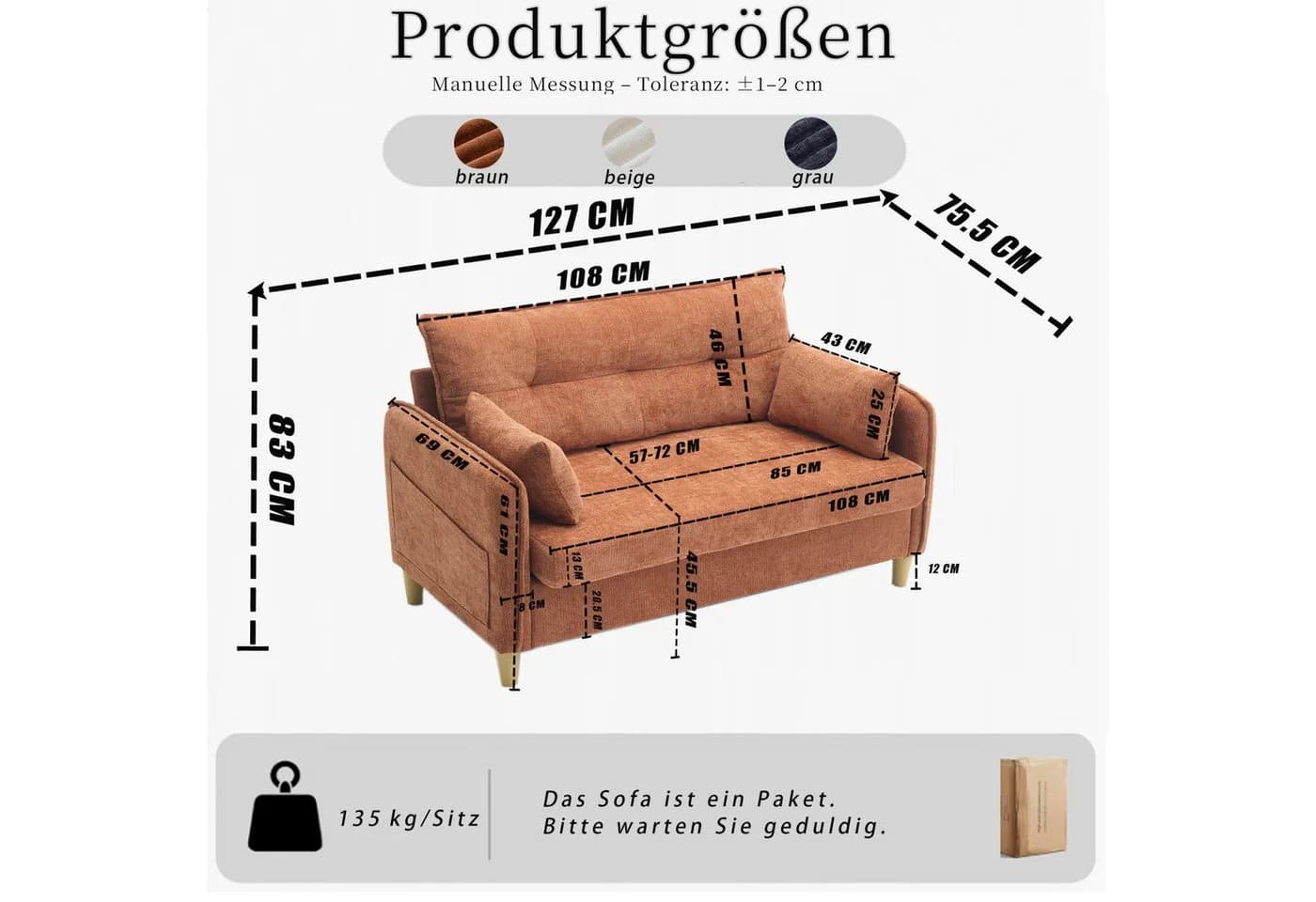 ANYSUN 2-Sitzer Polstersofa Chenille Braun mit Seitentaschen - Bild 3