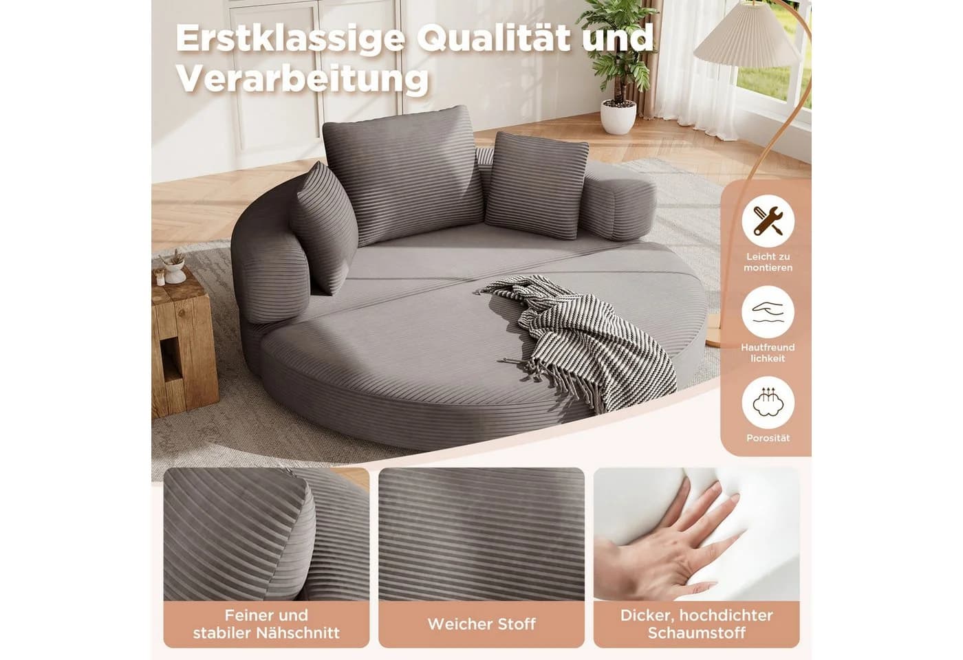 ANYSUN Multifunktionales Schlafsofa Boneless Couch Cordstoff Grau/Braun