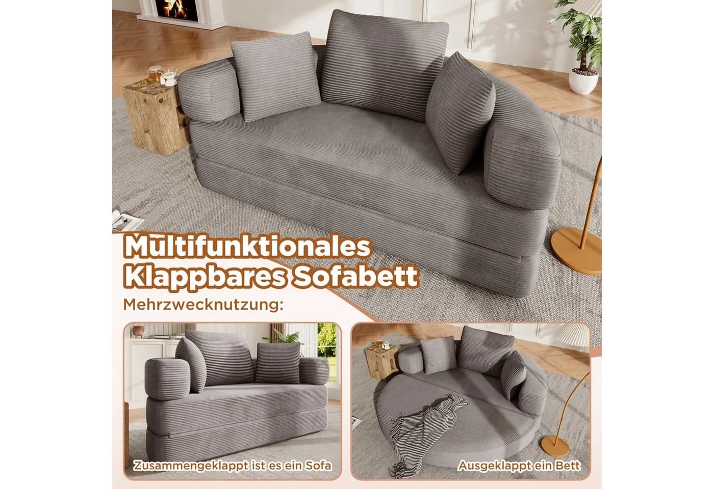 ANYSUN Multifunktionales Schlafsofa Boneless Couch Cordstoff Grau/Braun - Bild 5