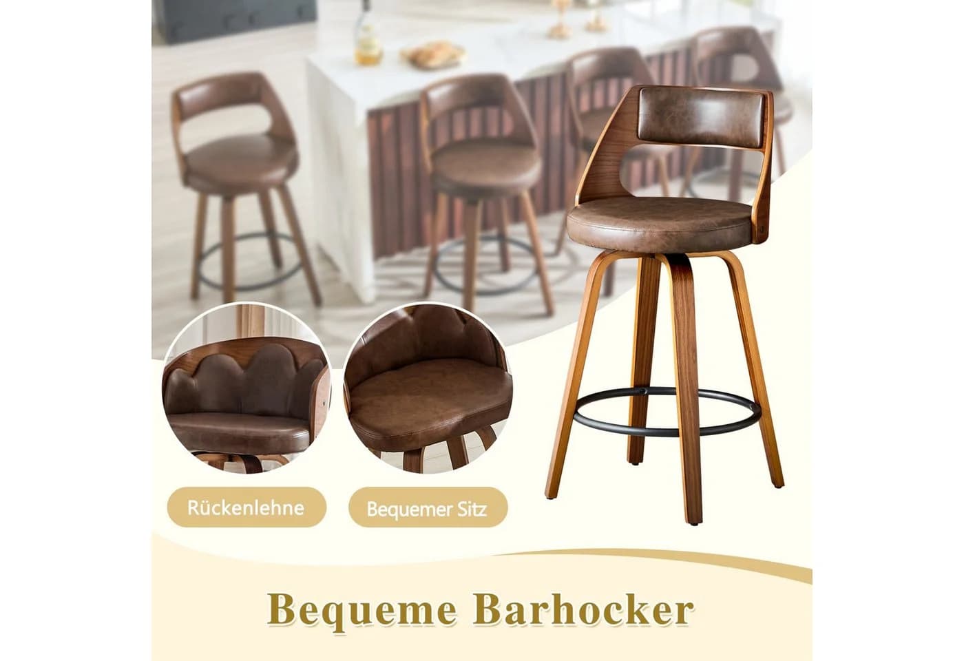 ANYSUN Barhocker 2er Set mit Rückenlehne und Fußstütze, Braun/Schwarz - Bild 5