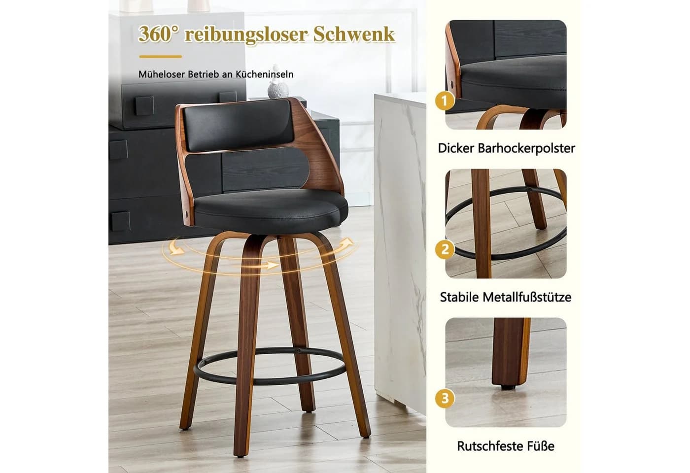 ANYSUN Barhocker 2er Set mit Rückenlehne Schwarz/Braun - Bild 4