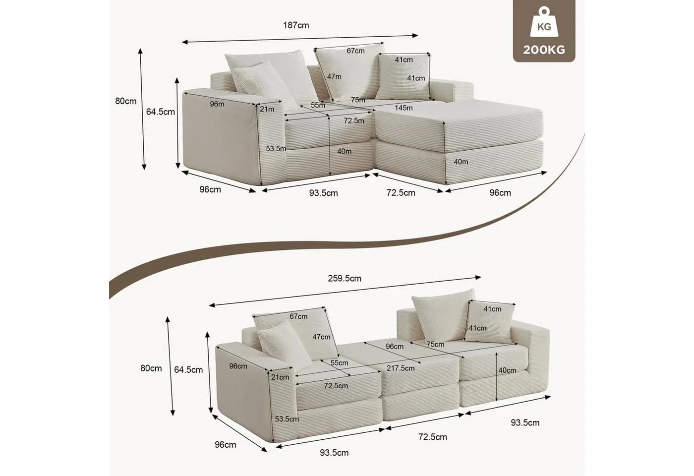ANYSUN Modulares Schlafsofa Cord Weiß mit Bettfunktion - Bild 3