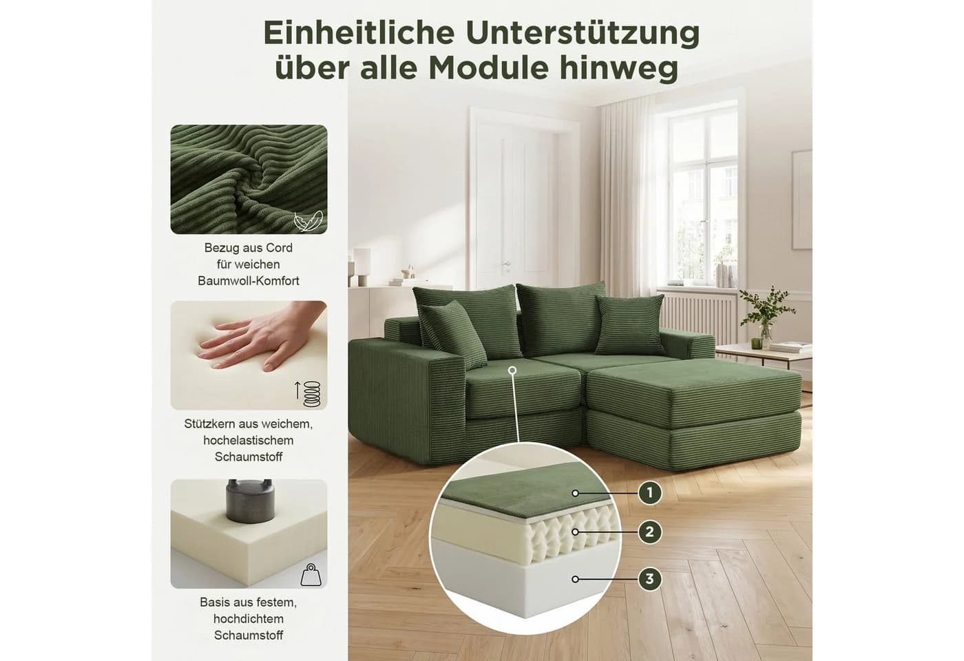ANYSUN Modulares Cord-Schlafsofa Grün mit Bettfunktion - Bild 3