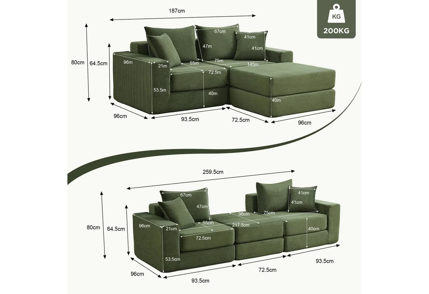 ANYSUN Modulares Cord-Schlafsofa Grün mit Bettfunktion - Bild 4