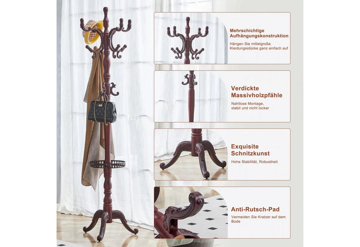 ANYSUN Garderobenständer Massivholz Braun Klassisches Design - Bild 5