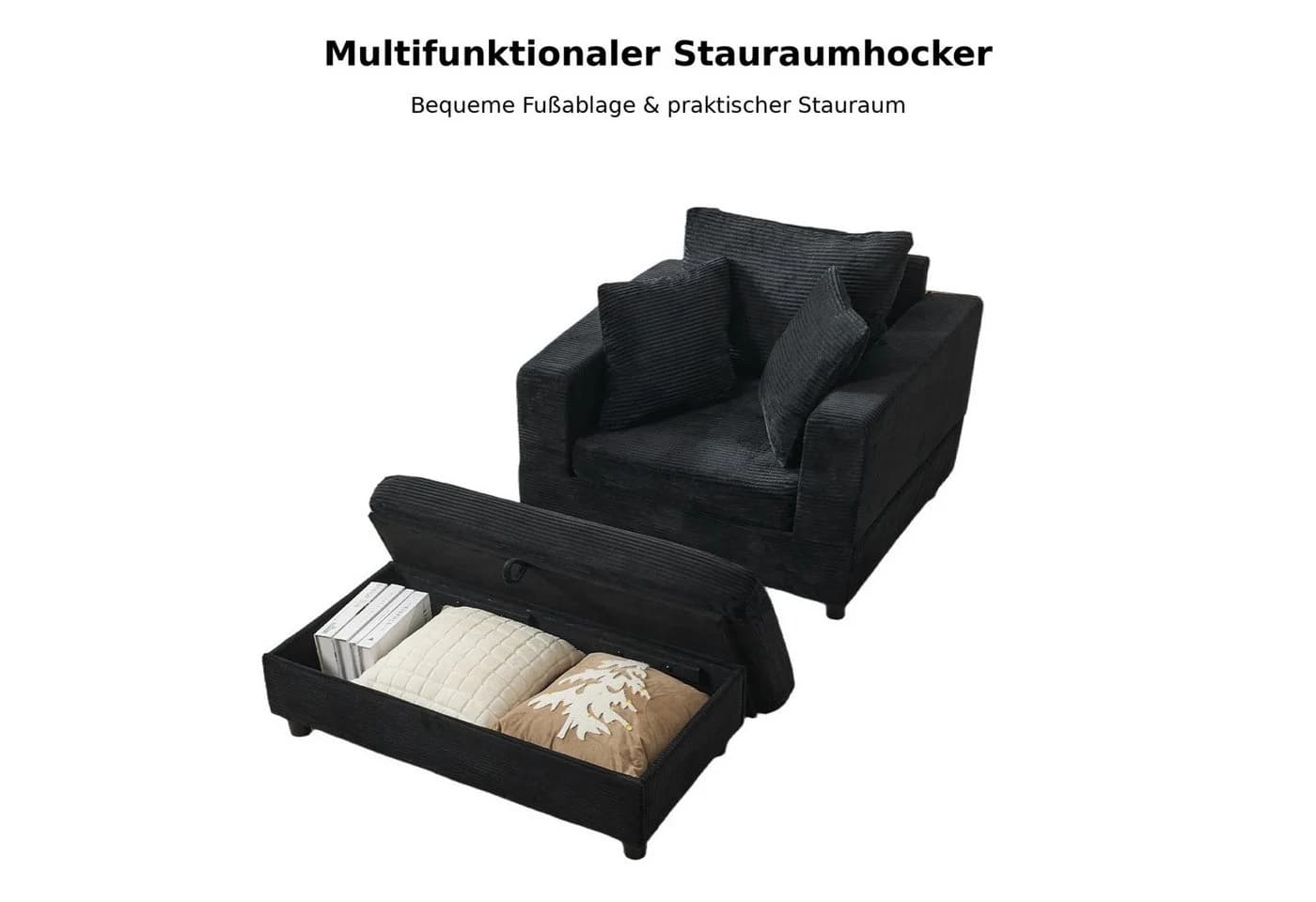 ANYSUN XXL-Sessel Loveseat Schwarz Cord mit Stauraumhocker - Bild 5