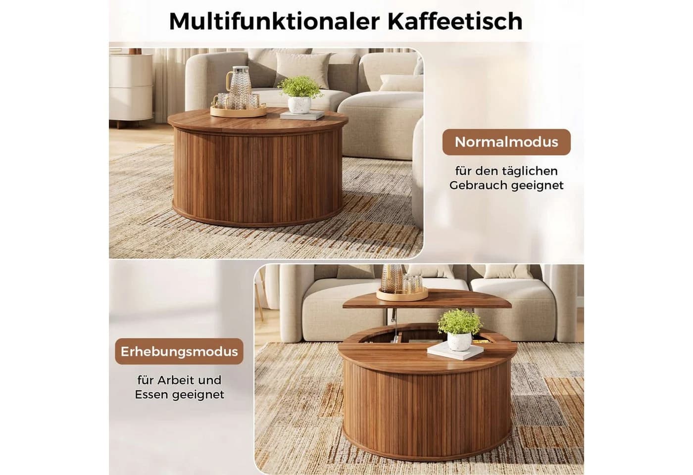 ANYSUN Couchtisch Rund Nussbaum-Optik Höhenverstellbar mit Stauraum - Bild 4