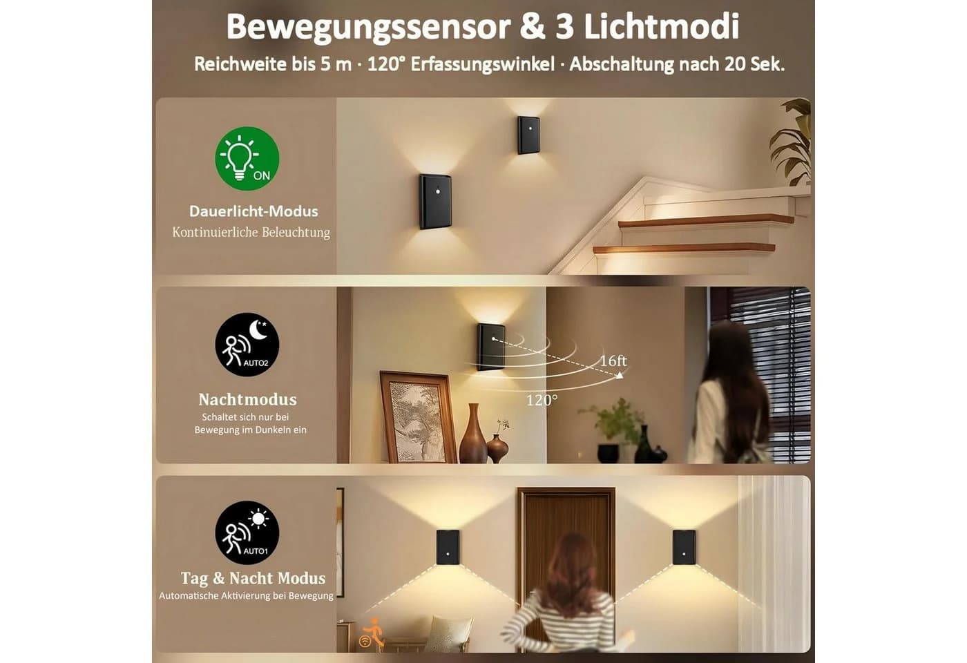 Futicare Wandleuchte für Innen, 2er Set, Schwarz, Dimmbar, Bewegungsmelder - Bild 3