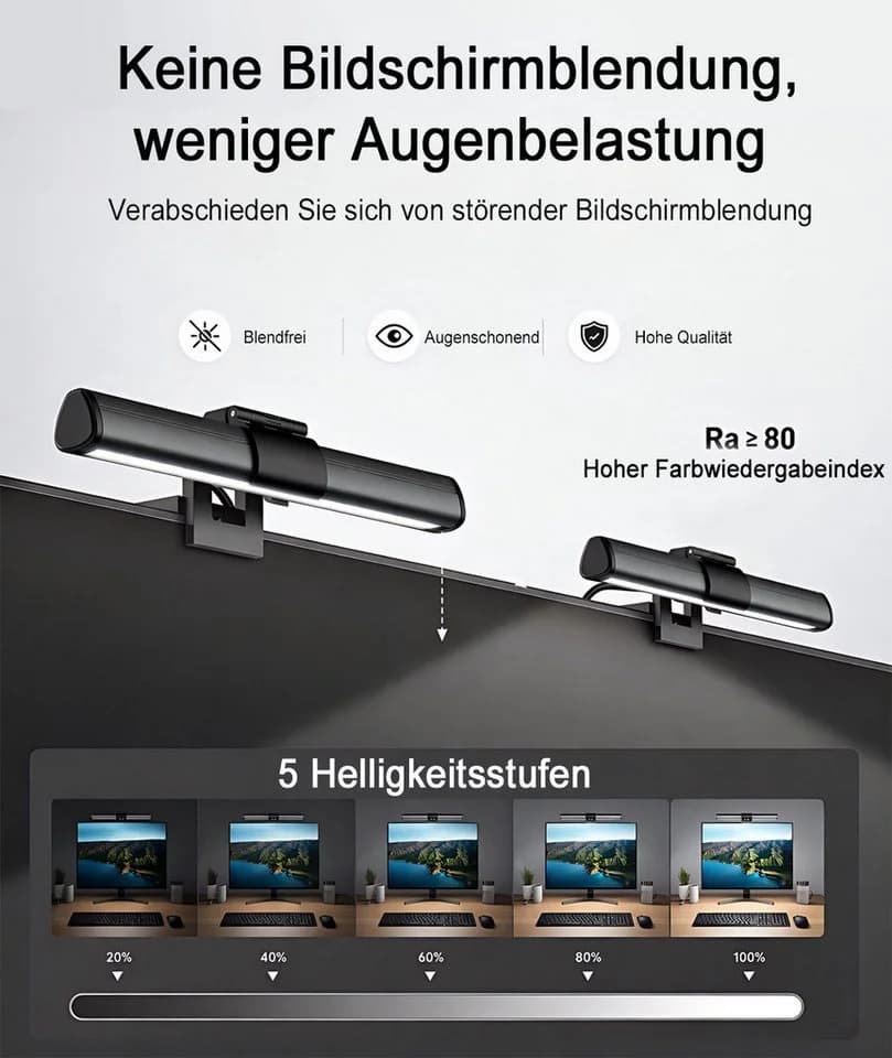 Futicare LED Monitorleuchte Grau mit 3 Lichtfarben & 5 Helligkeitsstufen