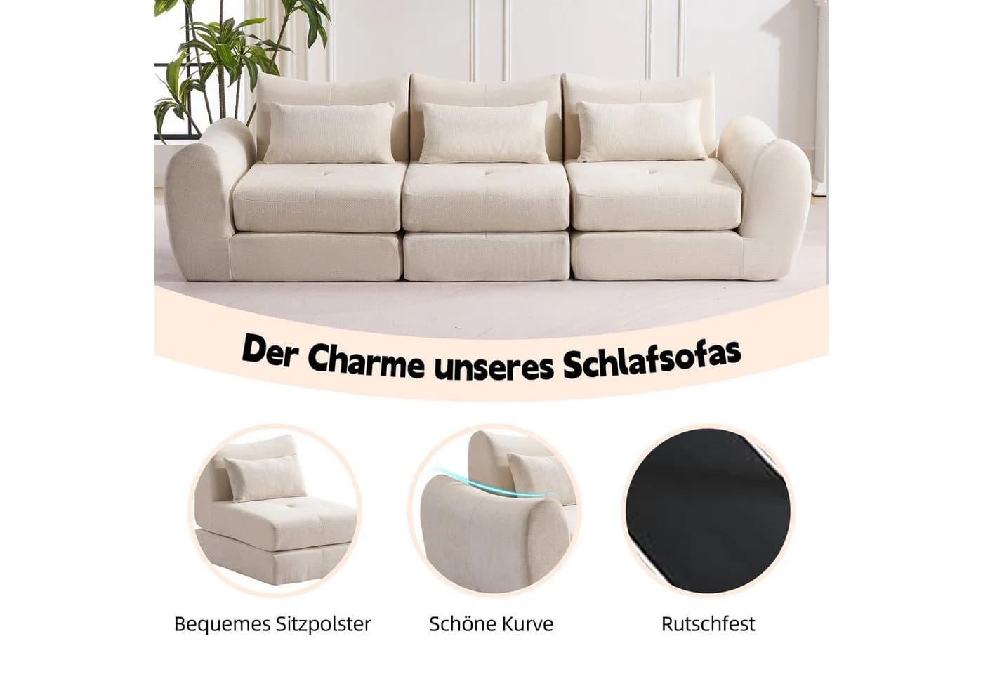 Leawin Sofa L-Form 3-Sitzer Beige Modular Schlafsofa Werkzeuglos