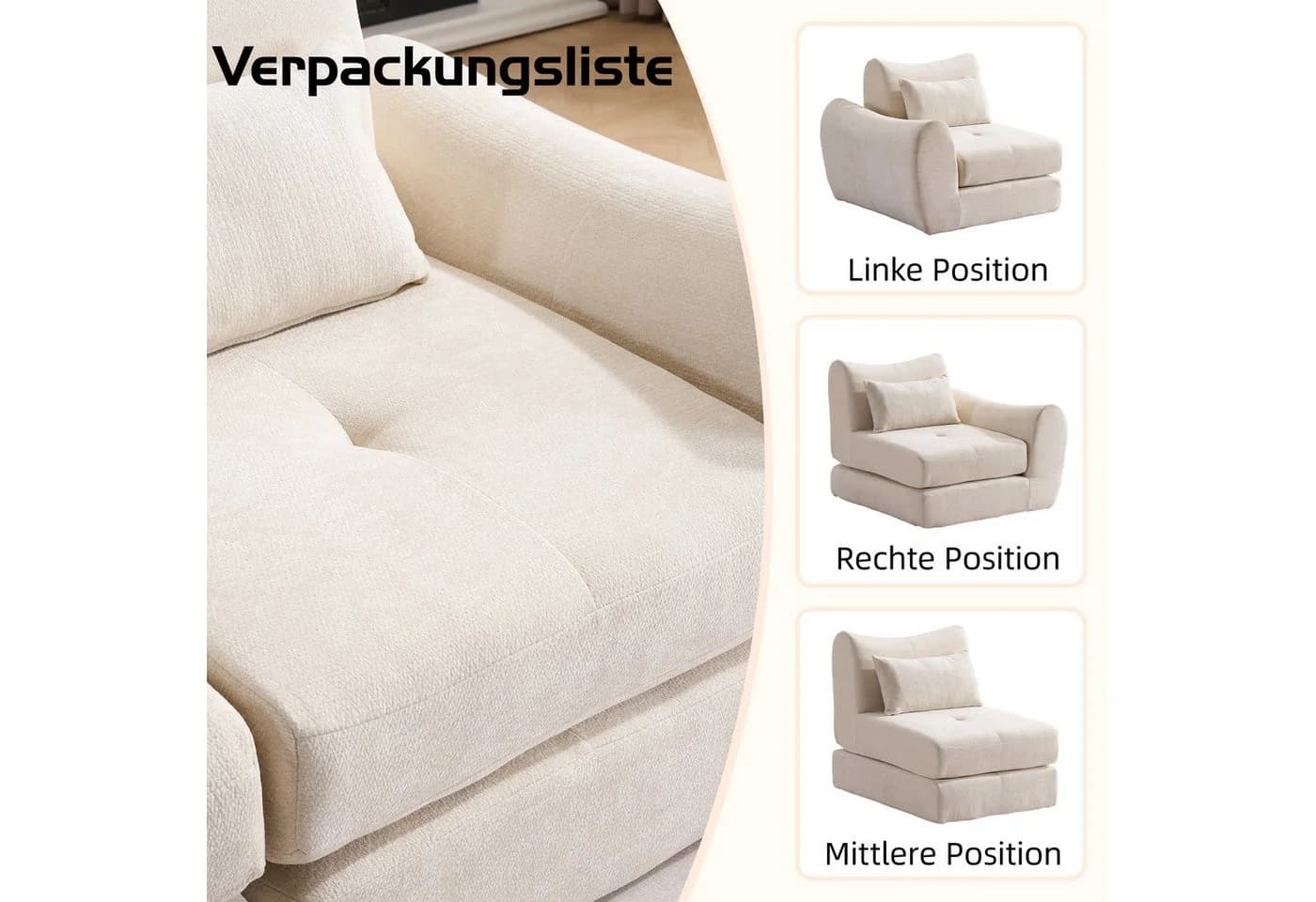Leawin Sofa L-Form 3-Sitzer Beige Modular Schlafsofa Werkzeuglos - Bild 4