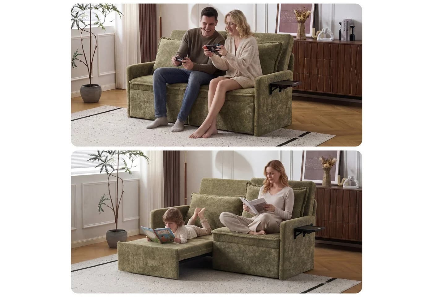 Leawin Sofa mit Schlaffunktion und USB-Anschluss Grün Chenille - Bild 3