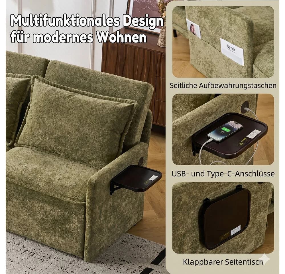 Leawin Sofa mit Schlaffunktion und USB-Anschluss Grün Chenille - Bild 4