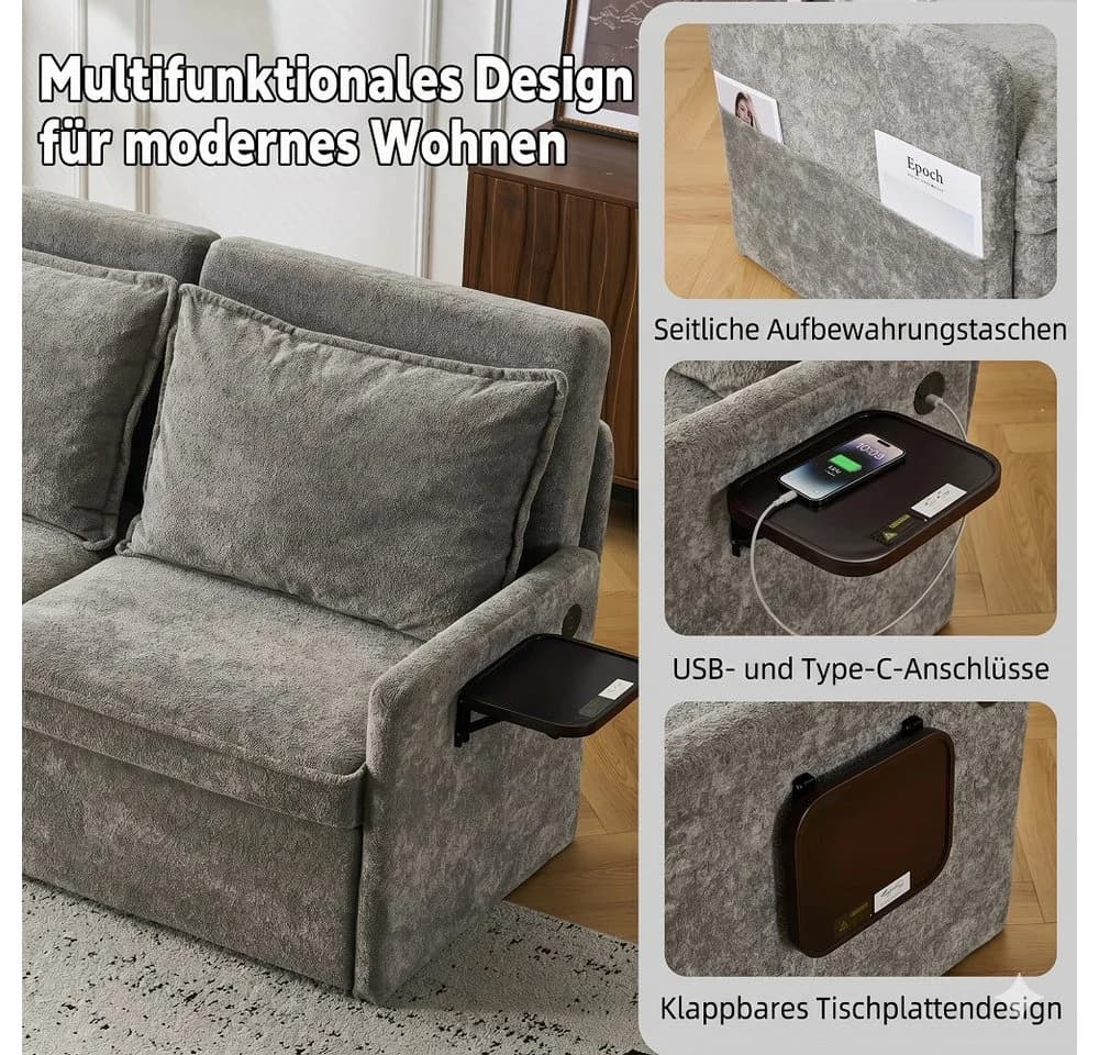 Vankel Sofa mit Schlaffunktion und USB-Anschluss Grau Chenille - Bild 4
