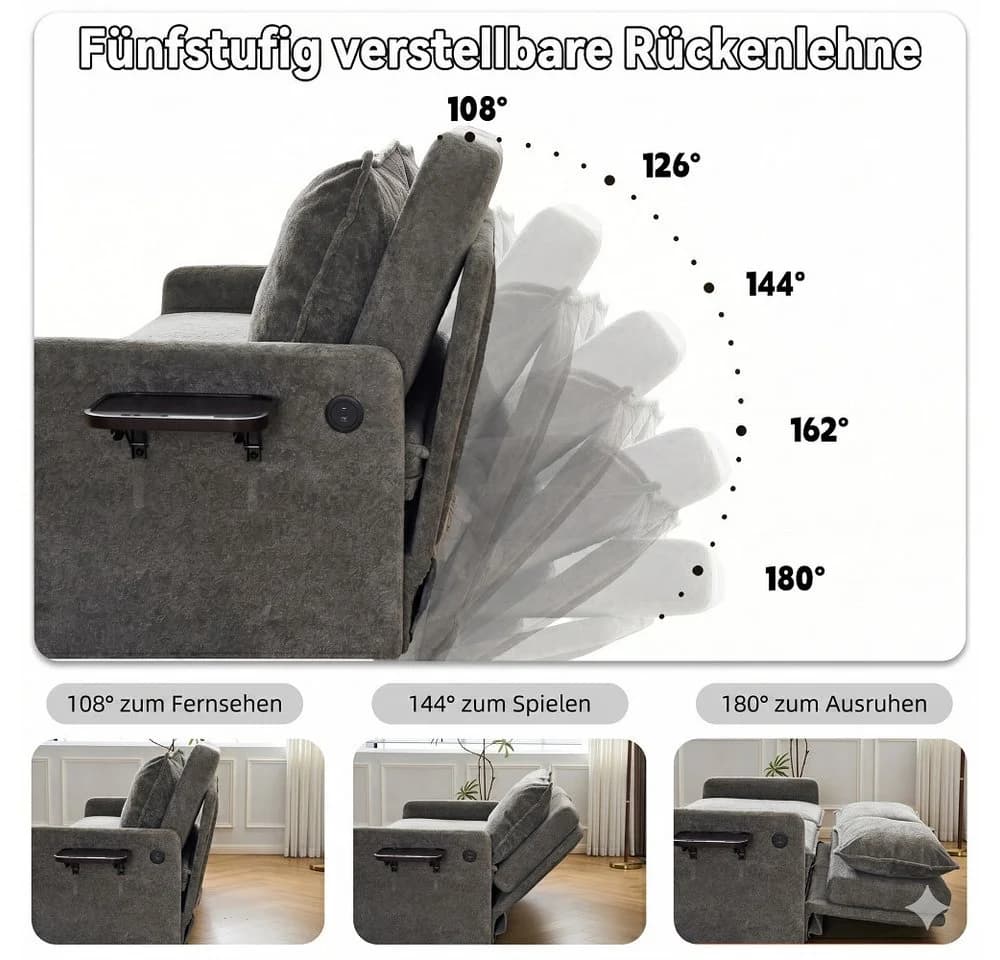 Vankel Sofa mit Schlaffunktion und USB-Anschluss Grau Chenille - Bild 5