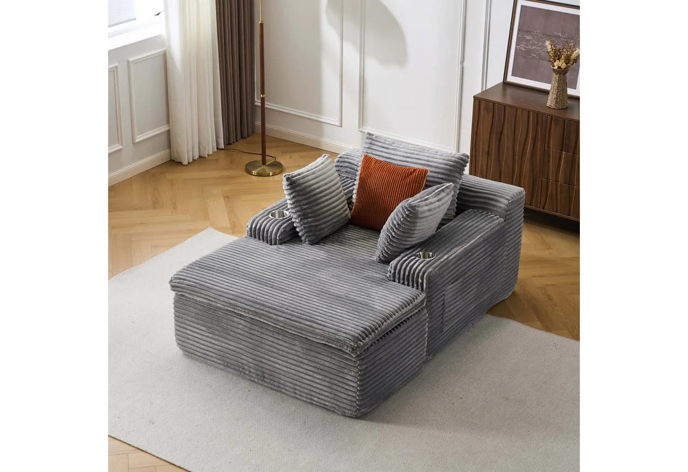 Vankel Sofa Cord Grau mit Decken-Kissen & Getränkehaltern - Bild 2