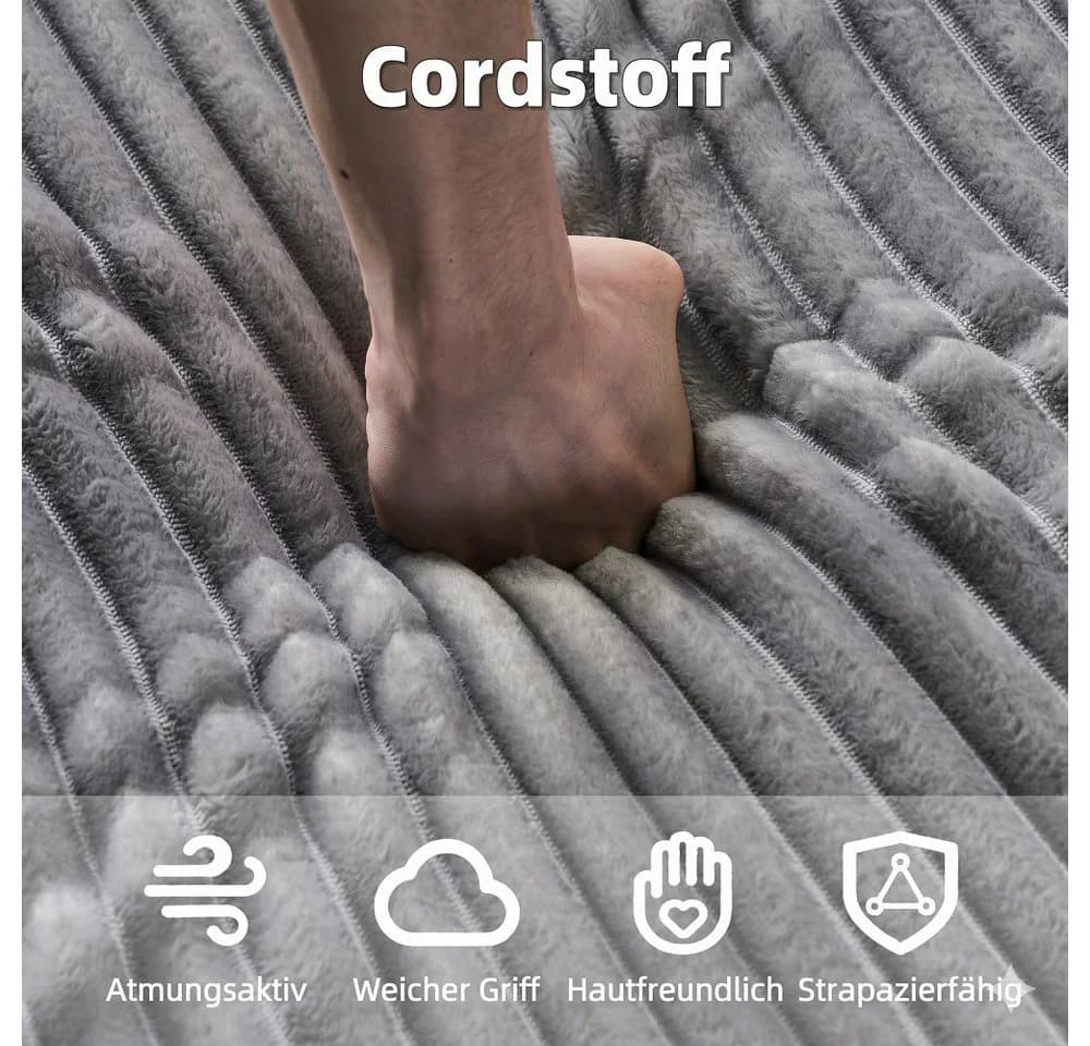Vankel Sofa Cord Grau mit Decken-Kissen & Getränkehaltern - Bild 5