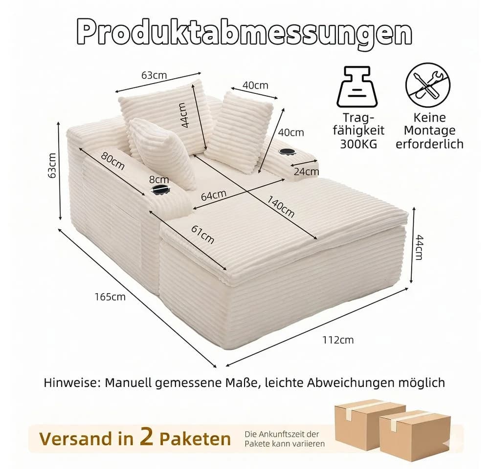 Vankel Sofa Cord Beige mit Decken-Kissen & Getränkehaltern