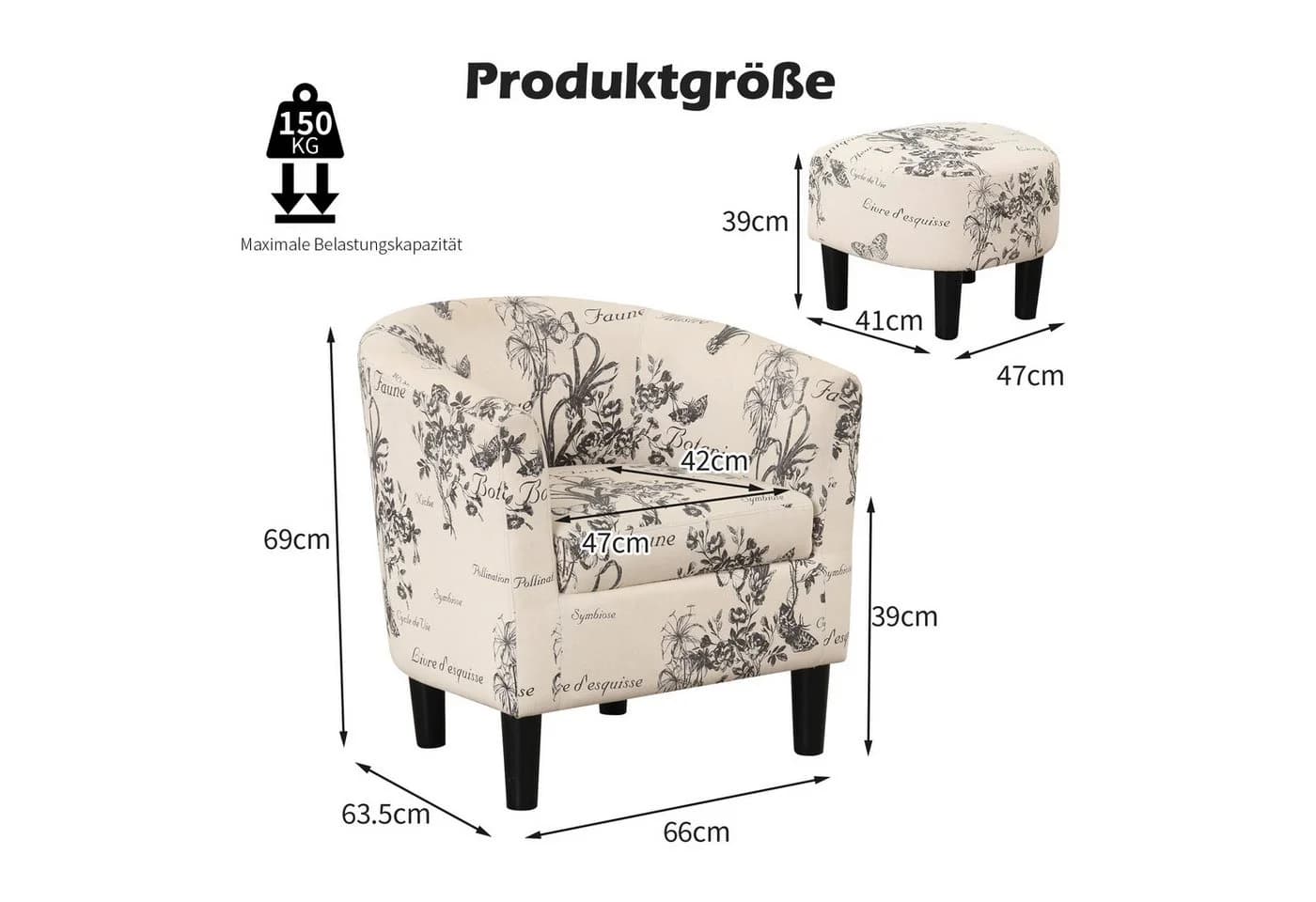 CANMOV Relaxsessel mit Hocker Beige Blumenmuster