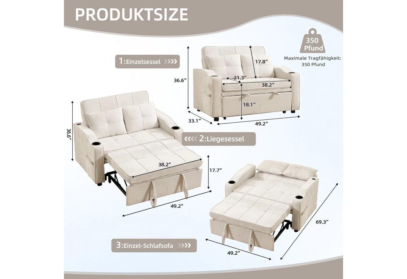 Bonzy Home Schlafsofa 2-Sitzer Beige mit Getränkehaltern und Ladeanschluss