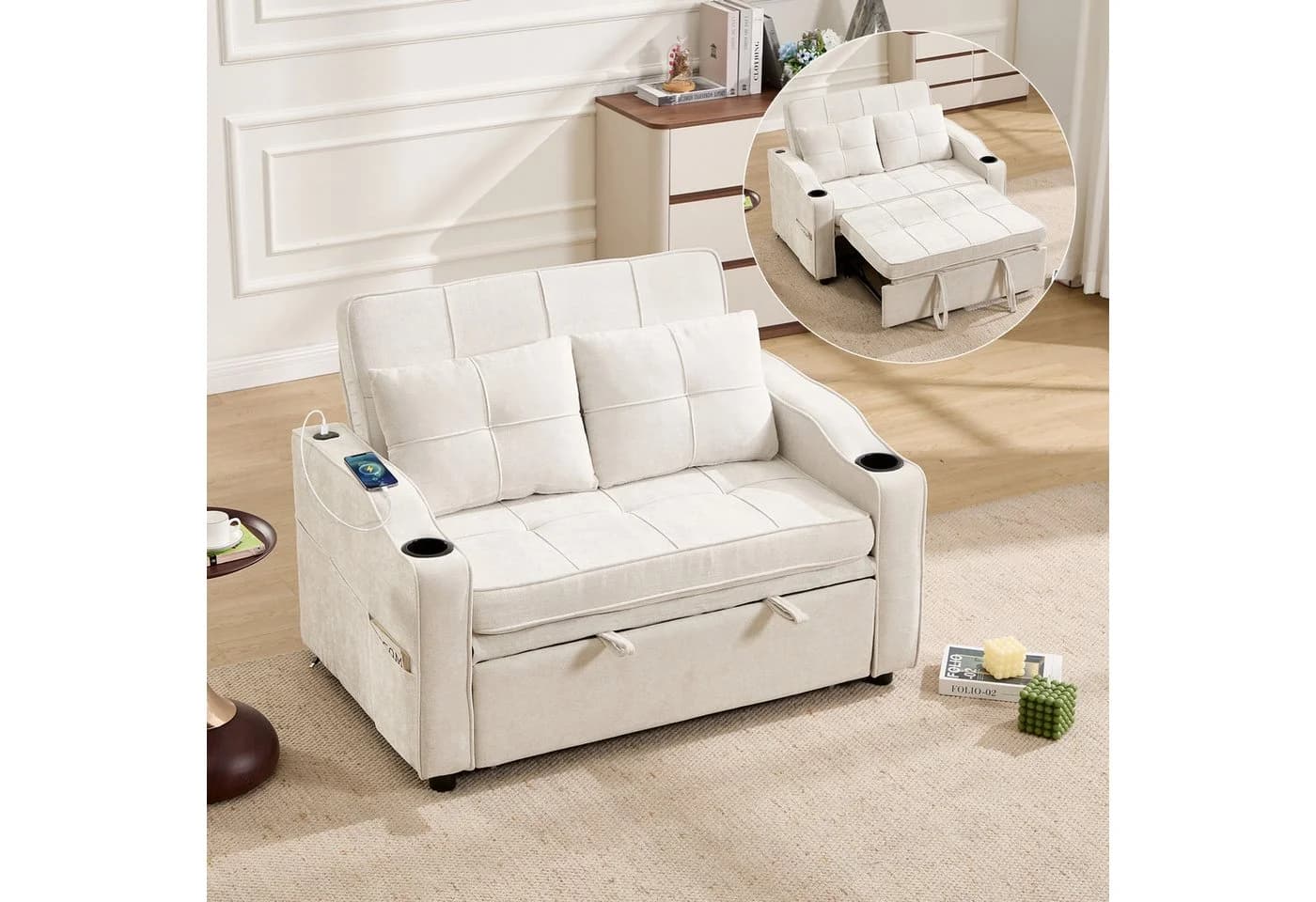 Bonzy Home Schlafsofa 2-Sitzer Beige mit Getränkehaltern und Ladeanschluss - Bild 2