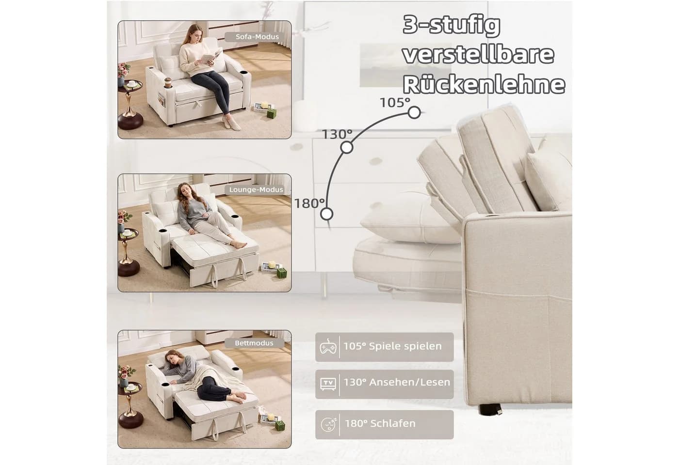 Bonzy Home Schlafsofa 2-Sitzer Beige mit Getränkehaltern und Ladeanschluss - Bild 4