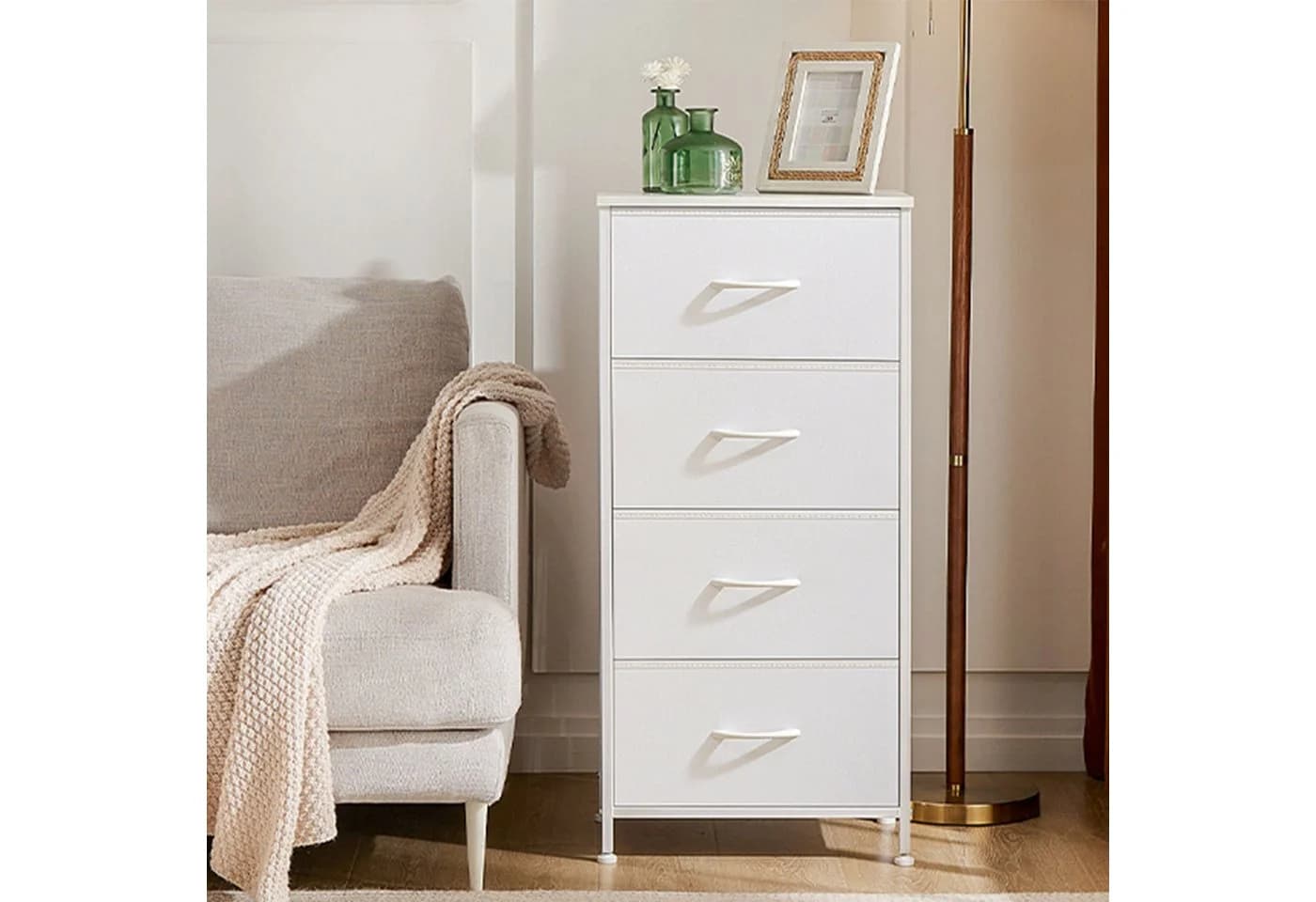 SURFOU Sideboard Kommode 4 Schubladen Weiß Stahlrahmen