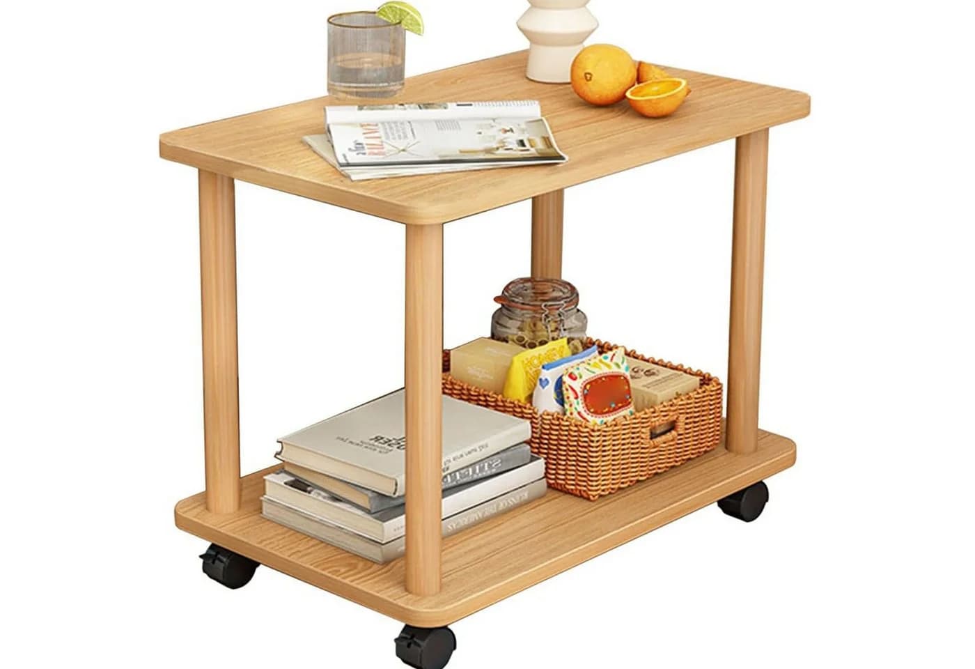 SURFOU Beistelltisch Holz mit Rollen Schmaler Nachttisch mit 2 Ebenen - Bild 2