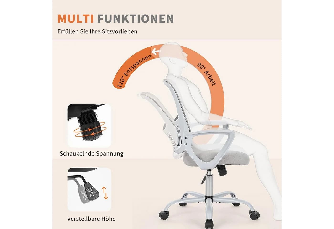 SURFOU Chefsessel Grau mit Lordosenstütze und Höhenverstellung - Bild 3