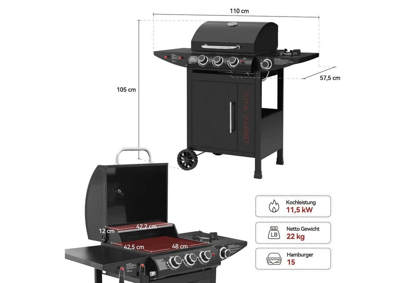 Royal Gourmet Gasgrill 3+1 Brenner Schwarz mit Rollen - Bild 4