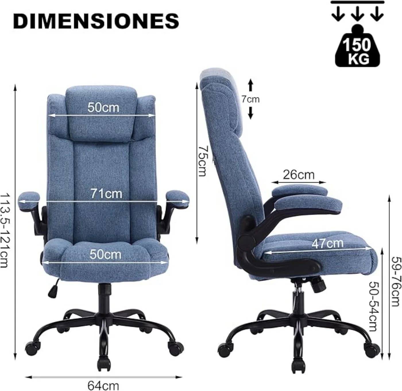 LIYURUI Bürostuhl Ergonomischer 150kg Chefsessel Stoff Flip-up Armlehnen Blau