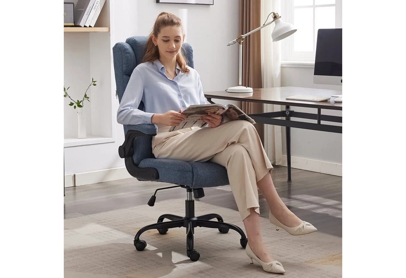LIYURUI Bürostuhl Ergonomischer 150kg Chefsessel Stoff Flip-up Armlehnen Blau - Bild 4