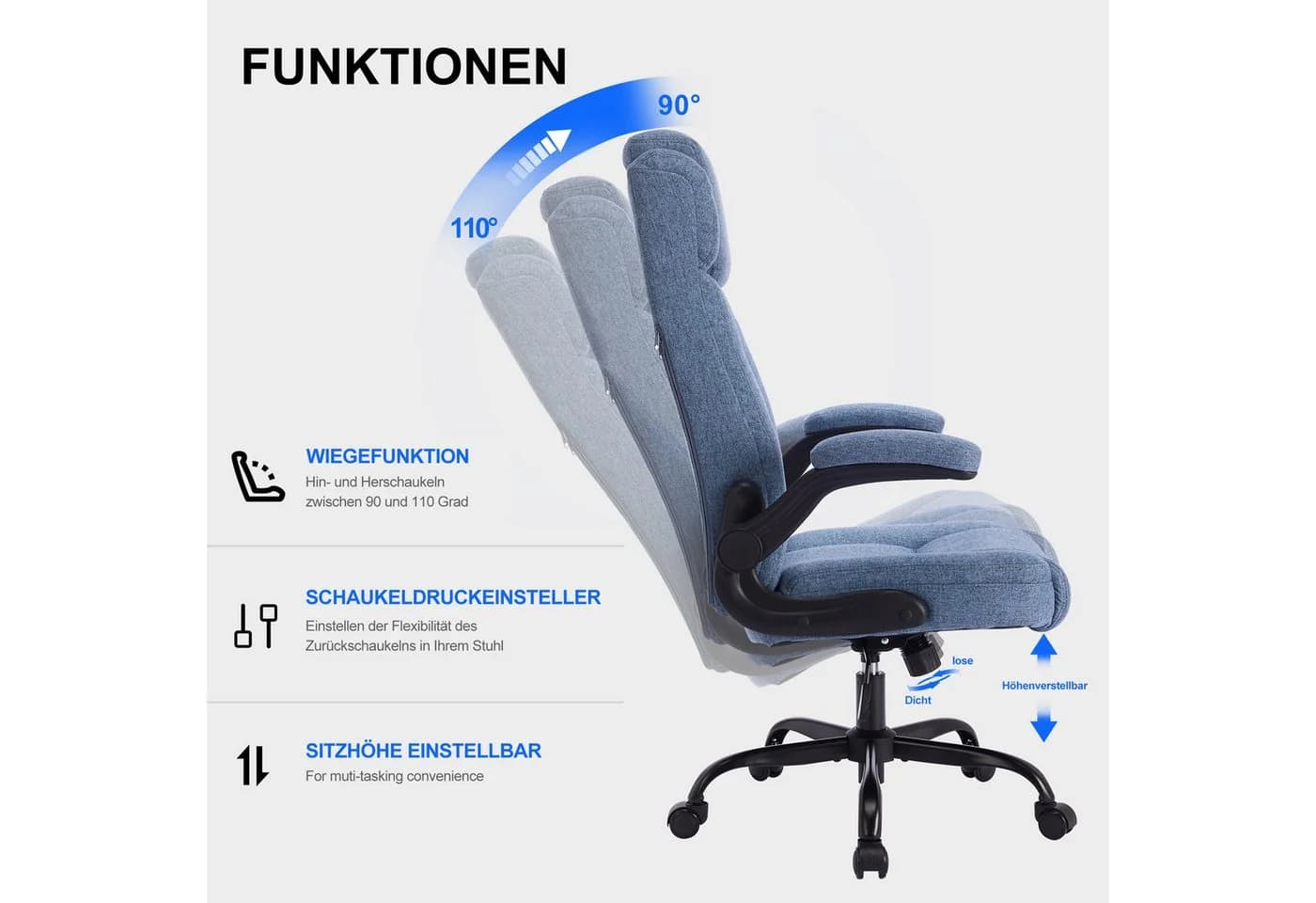 LIYURUI Bürostuhl Ergonomischer 150kg Chefsessel Stoff Flip-up Armlehnen Blau - Bild 5