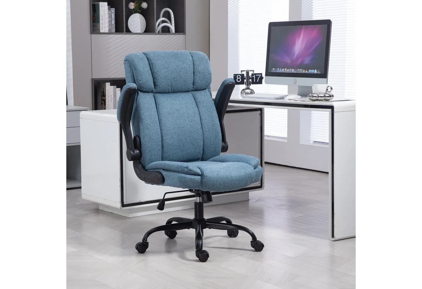 LIYURUI Bürostuhl Ergonomischer 150kg Belastbarkeit Chefsessel Stoff Flip-up Armlehnen Blau - Bild 3