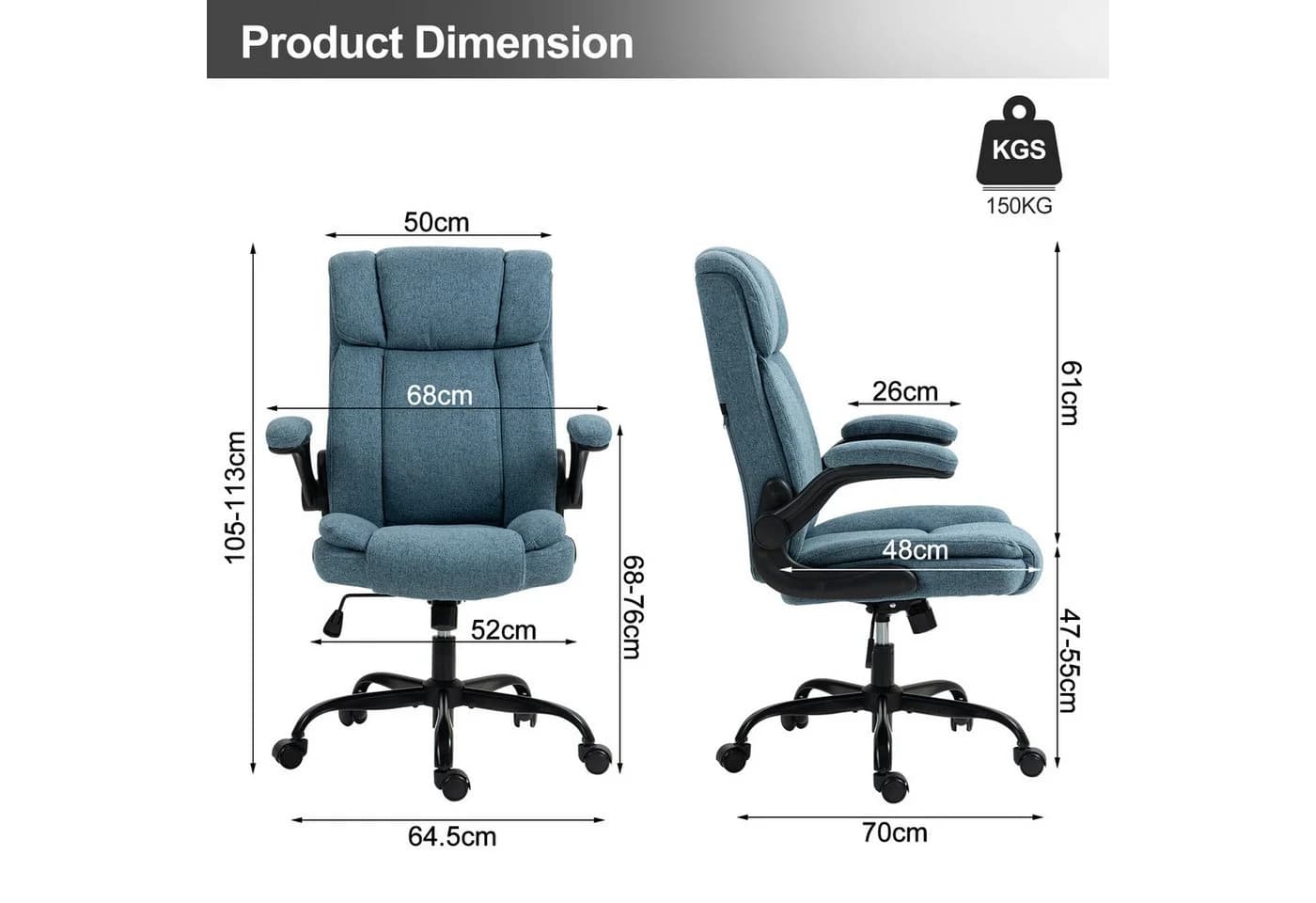 LIYURUI Bürostuhl Ergonomischer 150kg Belastbarkeit Chefsessel Stoff Flip-up Armlehnen Blau - Bild 4